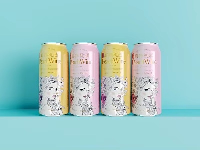 Refreshing Peach Wine Cans With Female Illustrations In Yellow And Pink On Blue Background 3d model
