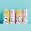 Refreshing Peach Wine Cans With Female Illustrations In Yellow And Pink On Blue Background