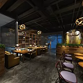 Unique Themed Restaurant Interior With Giraffe Statue Zebra Patterned Seats Wooden Shelves And Framed Artworks