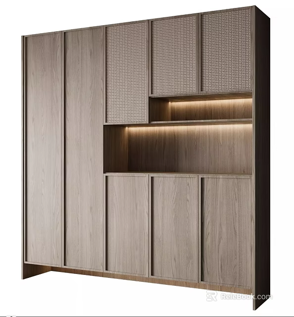 Modern Wooden Entryway Cabinet Sideboard Design With Open Shelf And LED Lighting 3d model 