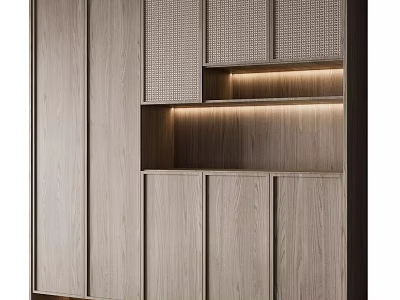 Modern Wooden Entryway Cabinet Sideboard Design With Open Shelf And LED Lighting 3d model
