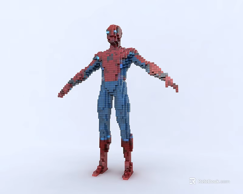 Detailed Block Built Spiderman Figure with Red Blue Costume and Pose 3d model 