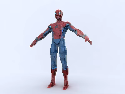 Detailed Block Built Spiderman Figure with Red Blue Costume and Pose 3d model