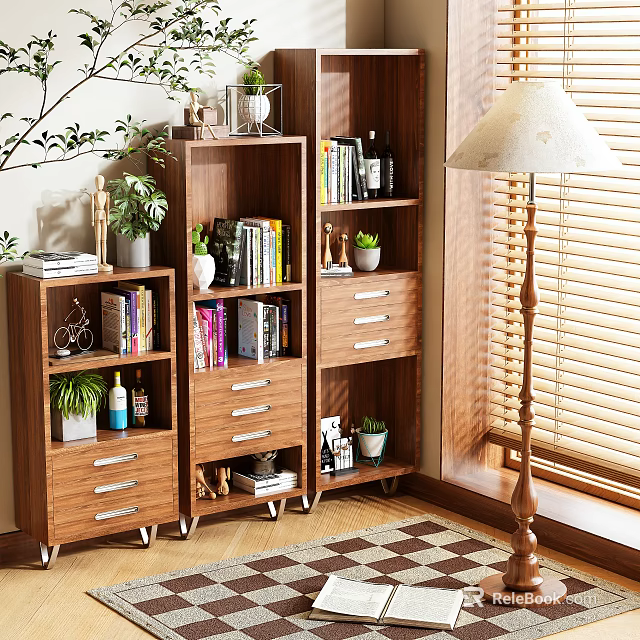 Wooden Storage Shelf Cabinet With Multiple Tiers Drawers Books And Decorative Items 3d model 