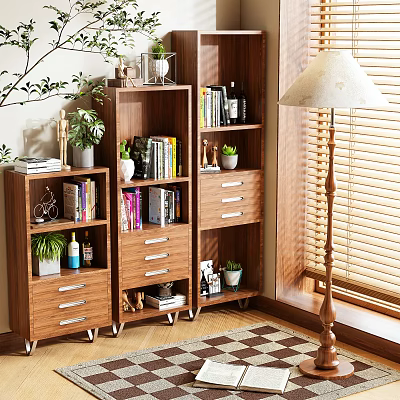 Wooden Storage Shelf Cabinet With Multiple Tiers Drawers Books And Decorative Items 3d model