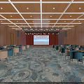 Spacious Conference Room Interior With Wooden Walls Red Curtains Large Screen And Patterned Carpet
