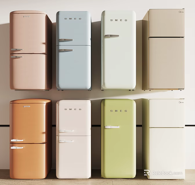 Sleek Modern Refrigerators in Multiple Colors Featuring Retro Style for Home Kitchens 3d model 