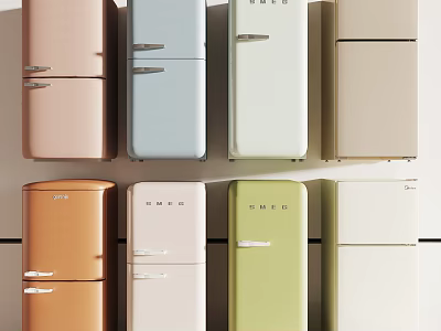 Sleek Modern Refrigerators in Multiple Colors Featuring Retro Style for Home Kitchens 3d model