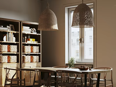 Modern Dining Room Interior With Woven Pendant Lights Wooden Table Bookshelf And Window 3d model