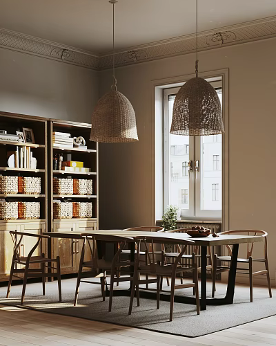 Modern Dining Room Interior With Woven Pendant Lights Wooden Table Bookshelf And Window 3d model