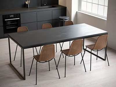 Modern Black Dining Table Set With Six Rattan Chairs Metal Legs And Kitchen Area 3d model