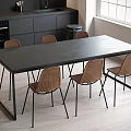 Modern Black Dining Table Set With Six Rattan Chairs Metal Legs And Kitchen Area