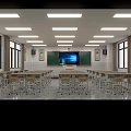 School Classroom Interior With Decorated Blackboard Rows Of Desks And Bright Lighting