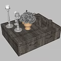Rustic Wooden Coffee Table With Silver Candle Holders Rose Bouquet Golden Vase And Wooden Tray