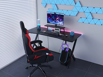 Gaming Computer Setup With RGB Desk Chair And Blue Geometric Wall Decor 3d model