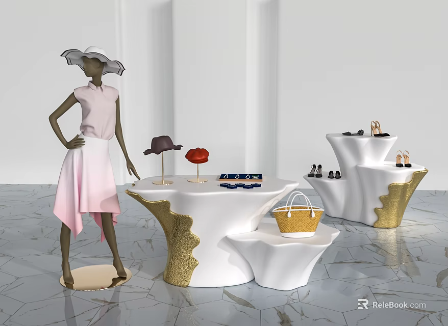 Modern Display Shelves with Mannequin Hat Sunglasses Handbag Shoes on Polished Marble Floor 3d model 