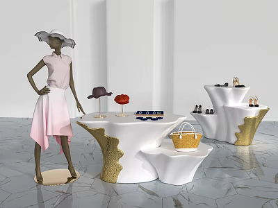 Modern Display Shelves with Mannequin Hat Sunglasses Handbag Shoes on Polished Marble Floor 3d model