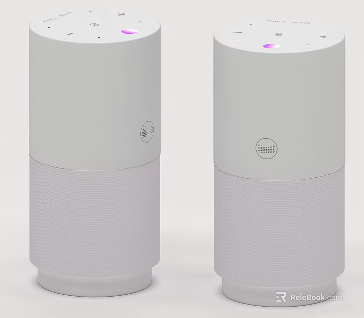 White Cylindrical Headphone Speaker Pair With Purple Indicator And Mesh Design 3d model 