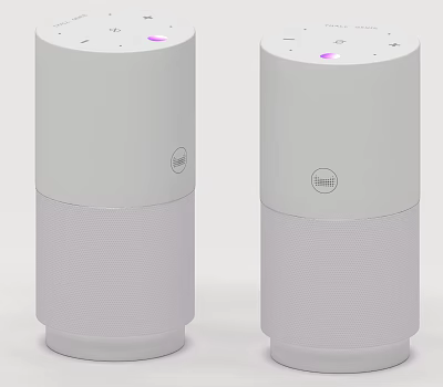 White Cylindrical Headphone Speaker Pair With Purple Indicator And Mesh Design 3d model