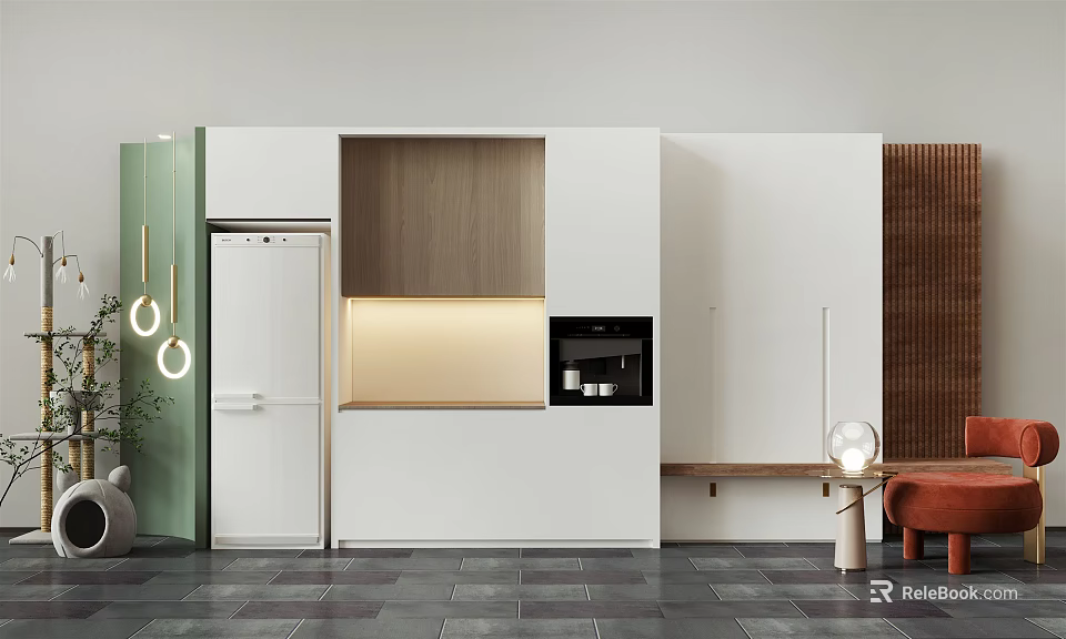 Modern White Wooden Sideboard With Golden Light Strip Coffee Machine Hanging Lights Dark Tiled Floor 3d model 