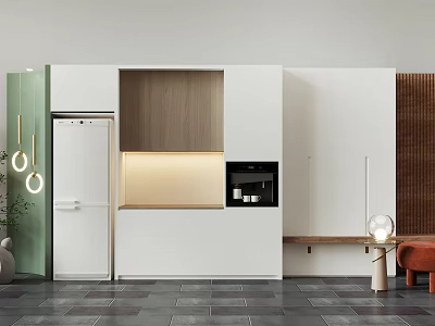 Modern White Wooden Sideboard With Golden Light Strip Coffee Machine Hanging Lights Dark Tiled Floor 3d model