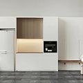 Modern White Wooden Sideboard With Golden Light Strip Coffee Machine Hanging Lights Dark Tiled Floor