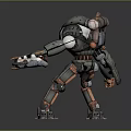 Futuristic Mechanical Robot Character Holding Glowing Object With Industrial Limbs And Circular Lights