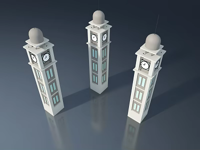 White Clock Tower Models Featuring Round Clocks And Window Details 3d model