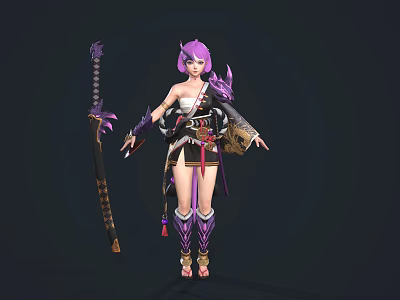 Mythical Female Character With Purple Hair And Magical Beast Holding Ornate Staff In Traditional Outfit 3d model