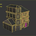 Vintage Multi story Building 3D Model With Brick Walls Sloped Roof And Arched Windows