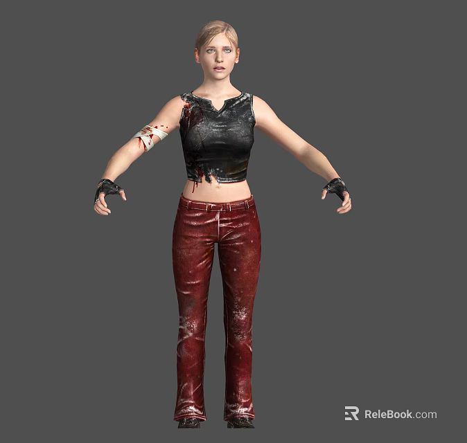 Woman In Black Torn Tank Top Red Leather Pants With Bloodstains Black Gloves Gray Background 3d model 