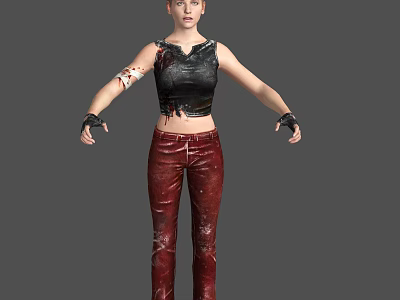 Woman In Black Torn Tank Top Red Leather Pants With Bloodstains Black Gloves Gray Background 3d model