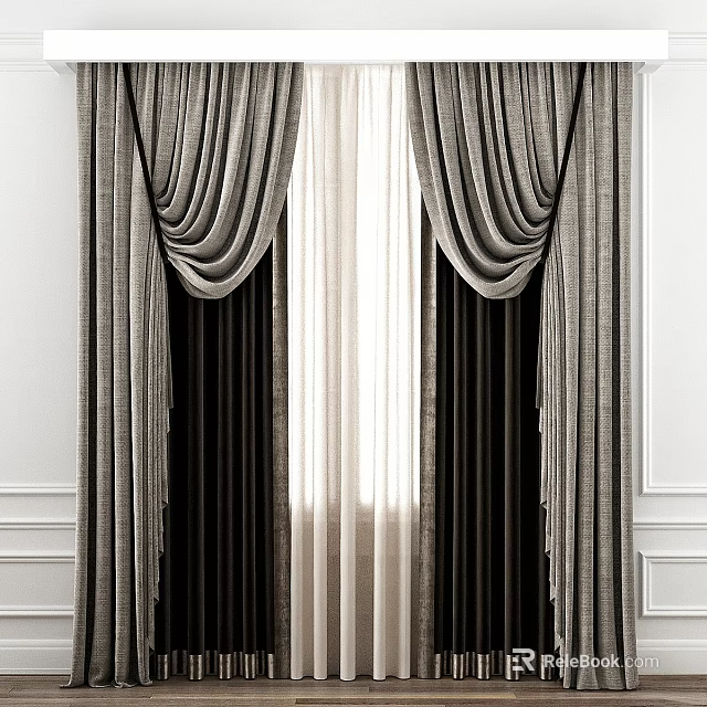 Elegant Layered Grey Curtains With Valance And Sheer Panels On White Walls 3d model 