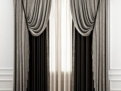 Elegant Layered Grey Curtains With Valance And Sheer Panels On White Walls 3d model