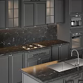 Modern Kitchen Interior With Dark Cabinets Marble Countertop Island And Appliances