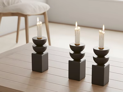 Modern Black Candle Holders Set of Three on Wooden Table with Lit Candles 3d model