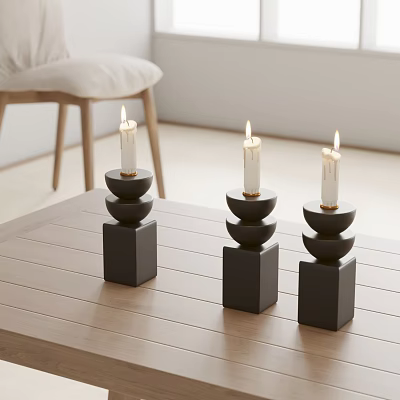 Modern Black Candle Holders Set of Three on Wooden Table with Lit Candles 3d model