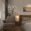 Modern Hotel Guest Room With Bed Quilt Pillows Decorative Painting Sofa Desk And Wooden Floor