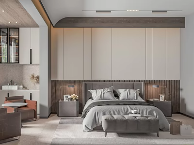 Modern Bedroom Interior Design With Gray Bed Frame Nightstands Lamps And Area Rug 3d model