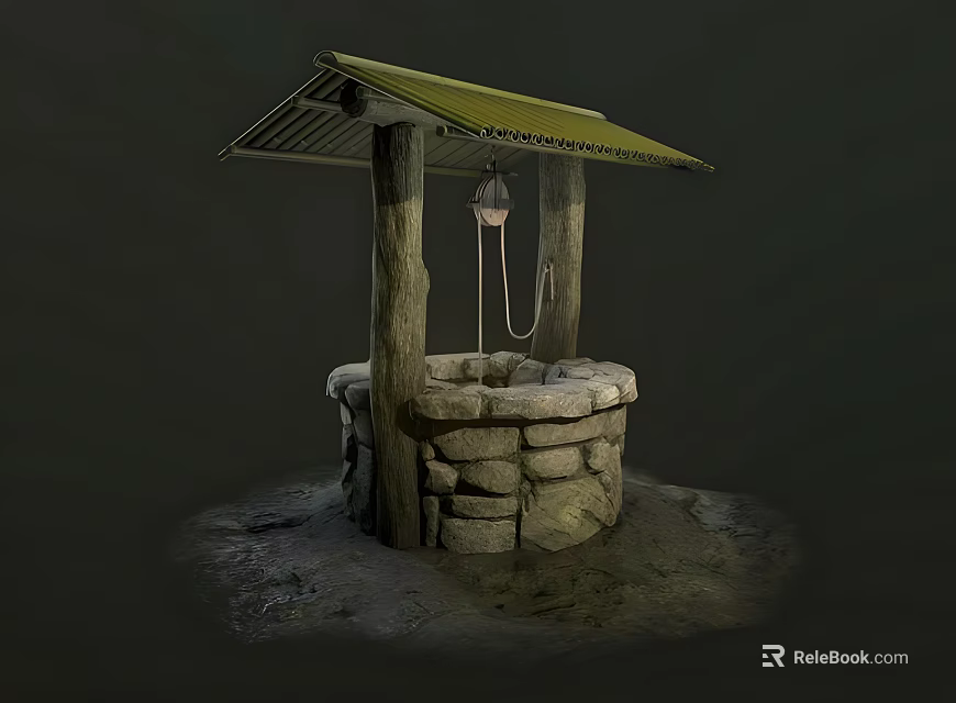 Garden Ornament Stone Well With Wooden Pillars Green Roof And Hanging Bucket 3d model 