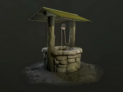 Garden Ornament Stone Well With Wooden Pillars Green Roof And Hanging Bucket 3d model