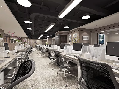 Modern Public Office Space Interior With Workstations Computers And Ergonomic Office Chairs 3d model