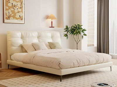 Modern Double Bed With White Headboard Striped Bedspread Table Lamp And Potted Plant 3d model