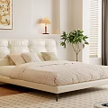Modern Double Bed With White Headboard Striped Bedspread Table Lamp And Potted Plant 3d model