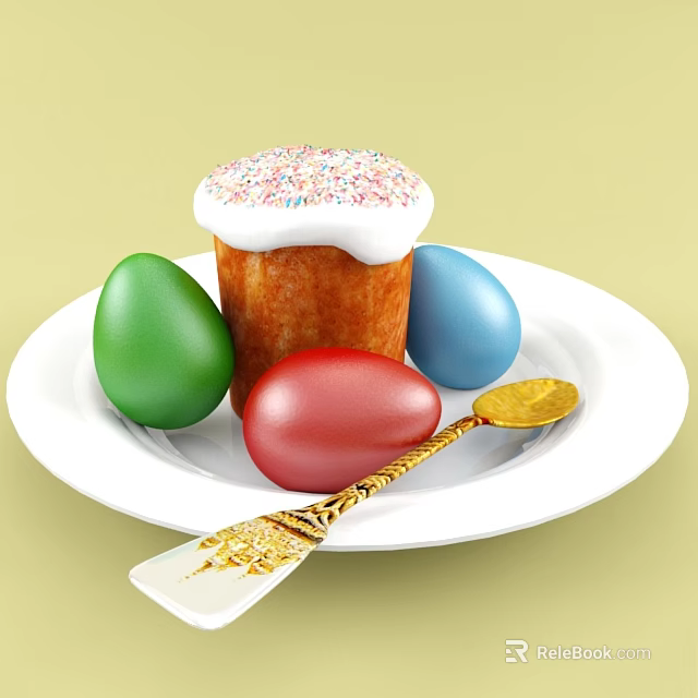 Festive Cake With White Frosting Colorful Sprinkles And Eggs On White Plate With Golden Spoon 3d model 