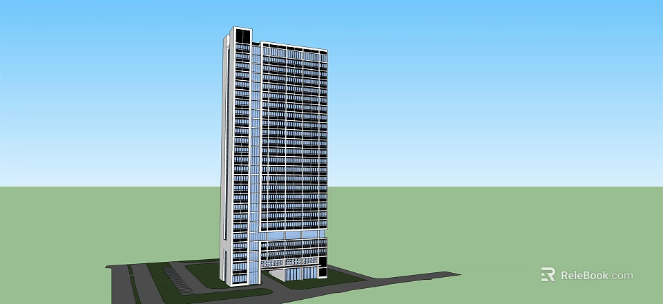 Modern High Rise Building Exterior Design With Glass Windows Green Area And Road 3d model 