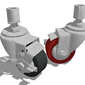 Two Swivel Casters Wheels with Black and Red Tires Silver Metal Brake Frame