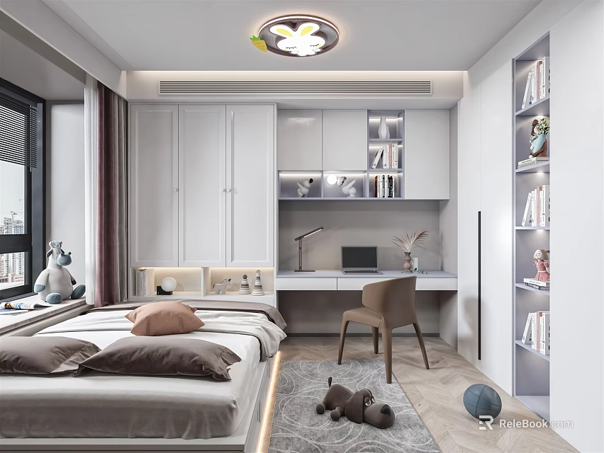 Modern Tatami Bedroom Interior With Tatami Bed Bookshelves Desk Chair Window Curtains And Soft Rug 3d model 