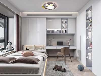 Modern Tatami Bedroom Interior With Tatami Bed Bookshelves Desk Chair Window Curtains And Soft Rug 3d model