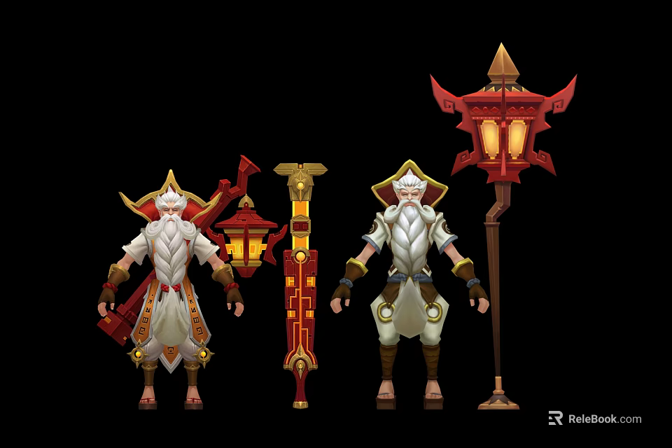 Mythical Characters And Creatures With Traditional Attire Holding Lanterns And Long Staffs Art 3d model 